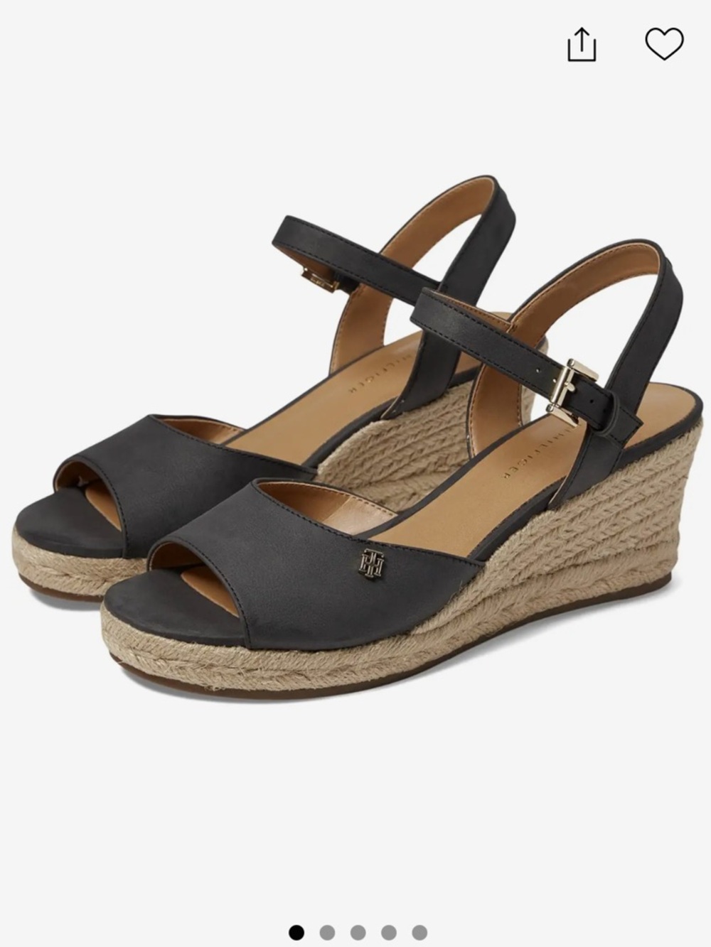 Tommy Hilfiger Black Ankle Strap Wedge Sandals with Gold Accent